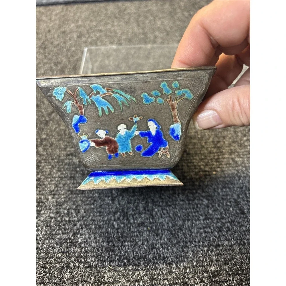 Vtg~Chinese Enameled Copper Blue Lined/Enamel Square Bowl~ Family Story